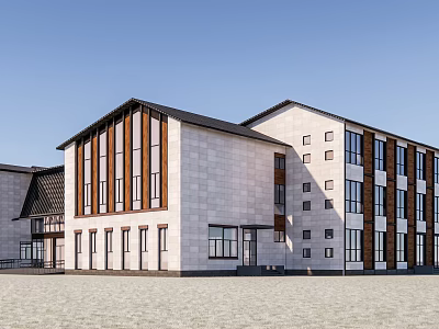Modern School Building With White Stone Walls Dark Roof And Large Windows 3d model