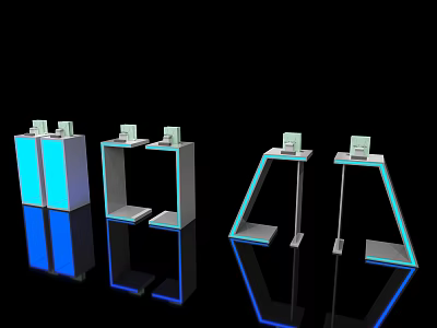 Modern Display Shelves With Various Structures Blue Lighting And Reflective Surfaces 3d model