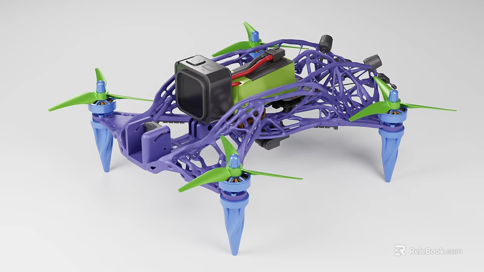 Purple Frame Drone Design With Four Green Propellers Blue Support Legs And Black Device 3d model 