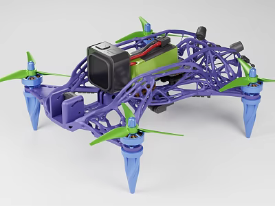 Purple Frame Drone Design With Four Green Propellers Blue Support Legs And Black Device 3d model