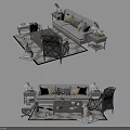 Modern Sofa and Coffee Table Set with Patterned Pillows Side Tables and Area Rug 3d model