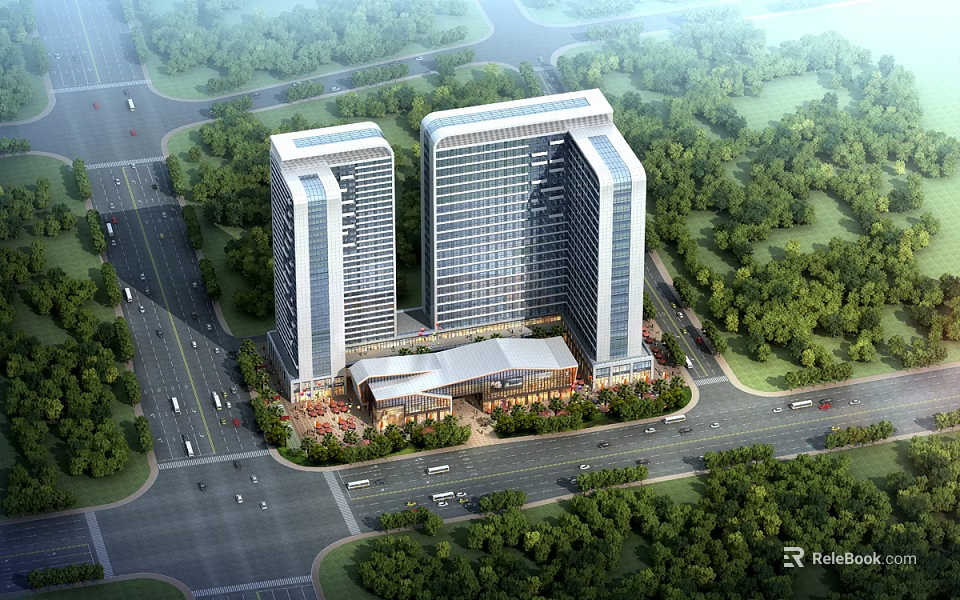 Modern Twin Office Towers Architectural Design With Surrounding Greenery And Road Access 3d model 