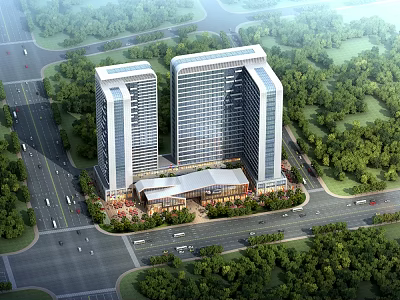 Modern Twin Office Towers Architectural Design With Surrounding Greenery And Road Access 3d model