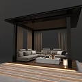 Roof Garden Pergola Design With Beige Sofas White Coffee Table And Wooden Roof Steps