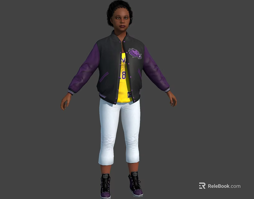 Woman In Black And Purple Jacket With Yellow T-shirt White Pants And Black Shoes 3d model 