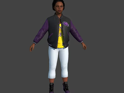 Woman In Black And Purple Jacket With Yellow T-shirt White Pants And Black Shoes 3d model