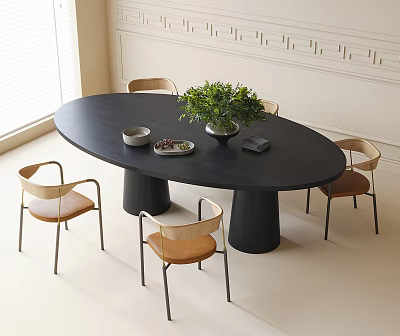 Minimalist Dining Space With Oval Black Table And Modern Chairs Featuring Green Plant Decor 3d model