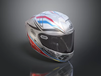 Silver Motorcycle Racing Helmet With Blue Red Stripes And Transparent Visor 3d model
