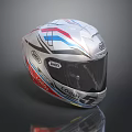 Silver Motorcycle Racing Helmet With Blue Red Stripes And Transparent Visor