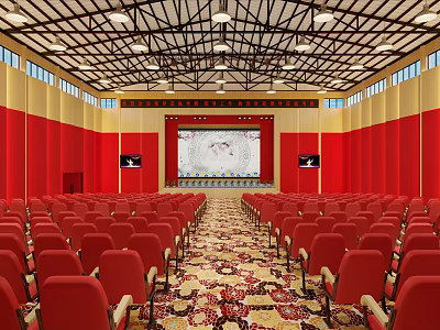 Auditorium Featuring Red Seats Red Walls Yellow Ceiling Large Screen Small Screens Chandeliers Patterned Carpet 3d model