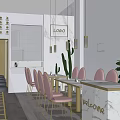 Modern Milk Tea Shop Interior Design With Pink Chairs Gray Stools And Green Plants