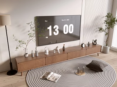 Modern TV Stand with Flat Screen TV Decorative Items Green Plants and Circular Patterned Rug 3d model