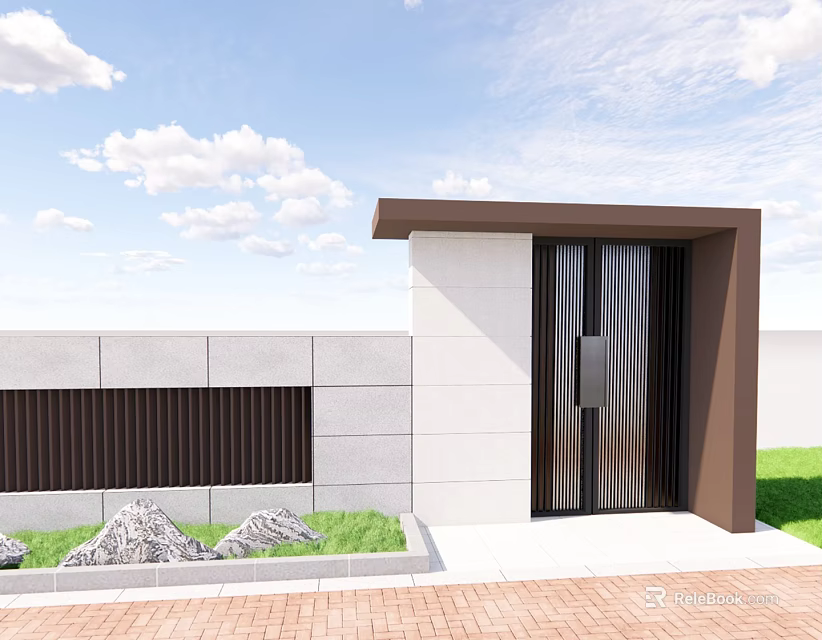 Modern Entrance Gate Design With Black Vertical Bars White Brown Walls And Red Brick Pavement 3d model 