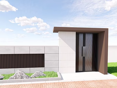 Modern Entrance Gate Design With Black Vertical Bars White Brown Walls And Red Brick Pavement 3d model