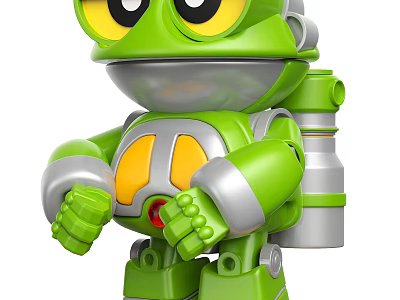 Green Robot Doll With Big Eyes Silver Armors And Backpack 3d model