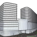 Modern Multi Story Office Building With Glass Facade and Green Space Connection