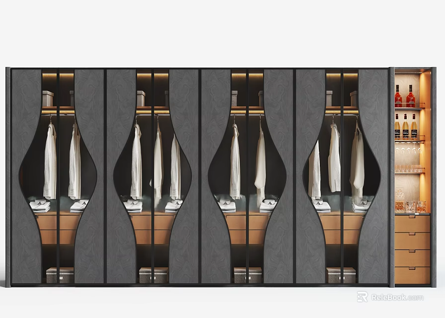 Modern Gray Wardrobe Design With Curved Mirrored Panels And Hanging White Garments 3d model 
