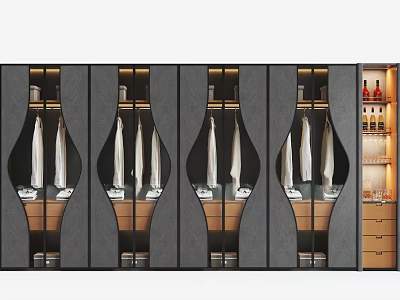 Modern Gray Wardrobe Design With Curved Mirrored Panels And Hanging White Garments 3d model