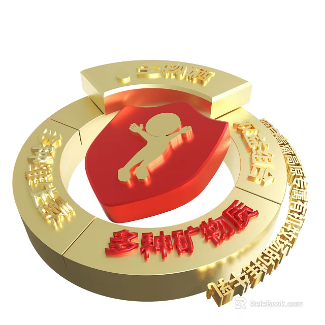 Golden Shield With Human Figure And Various Minerals Elements Design 3d model 