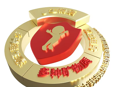 Golden Shield With Human Figure And Various Minerals Elements Design 3d model