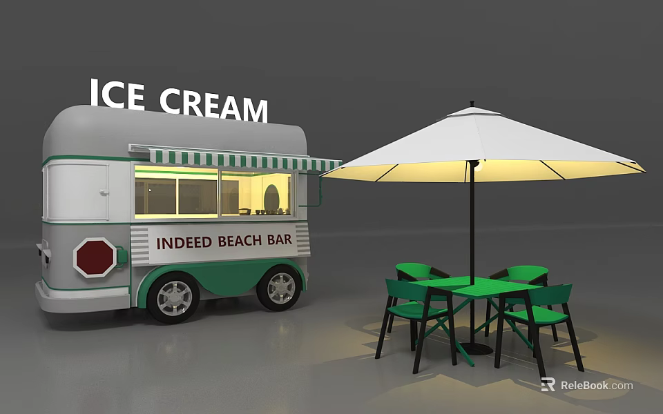 Functional Ice Cream Beach Bar Truck with Outdoor Green Table Chairs and White Umbrella 3d model 