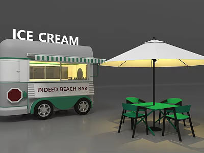 Functional Ice Cream Beach Bar Truck with Outdoor Green Table Chairs and White Umbrella 3d model