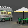 Functional Ice Cream Beach Bar Truck with Outdoor Green Table Chairs and White Umbrella