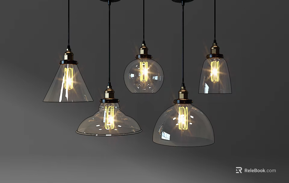 Modern Vintage Pendant Lights With Transparent Glass Shades And Brass Base 3d model 