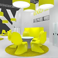 Modern Exhibition Space With Yellow Pendant Lights Chairs And Logo On White Walls