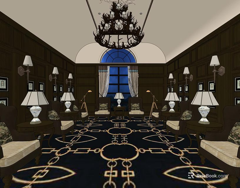 Elegant Hotel Public Lounge Area With Opulent Chandelier Dark Wooden Walls And Patterned Carpet 3d model 