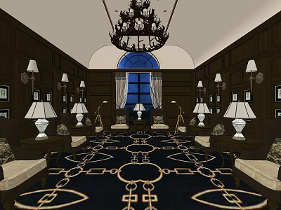 Elegant Hotel Public Lounge Area With Opulent Chandelier Dark Wooden Walls And Patterned Carpet 3d model