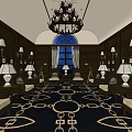 Elegant Hotel Public Lounge Area With Opulent Chandelier Dark Wooden Walls And Patterned Carpet