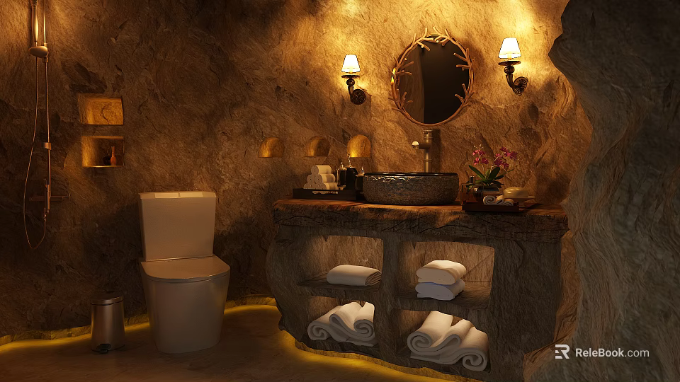 Rustic Stone Washbasin Design With Round Mirror Wall Lamps And Rolled Towels 3d model 