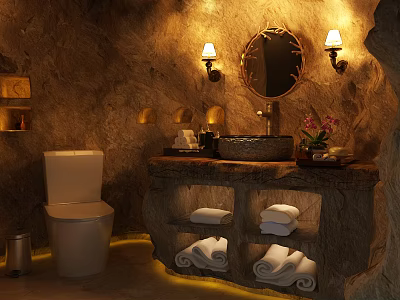 Rustic Stone Washbasin Design With Round Mirror Wall Lamps And Rolled Towels 3d model