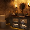 Rustic Stone Washbasin Design With Round Mirror Wall Lamps And Rolled Towels