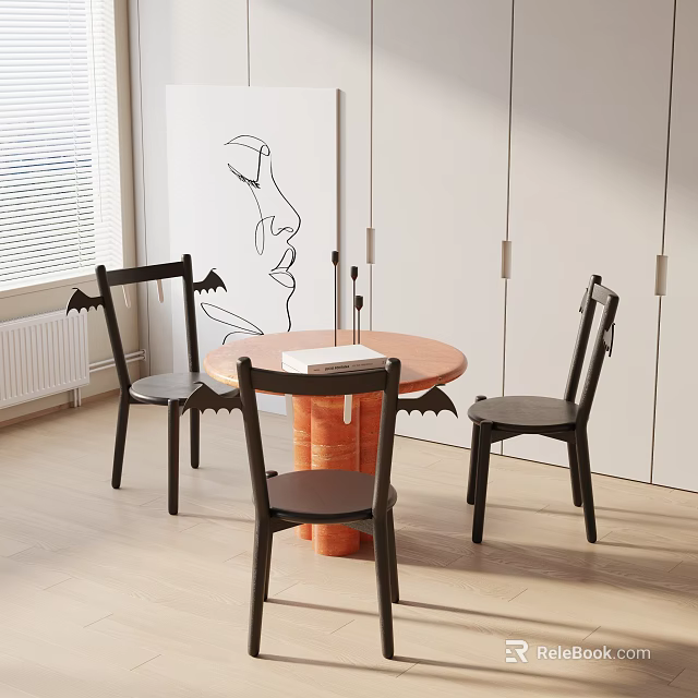 Round Orange Dining Table Set With Black Bat Wing Design Chairs 3d model