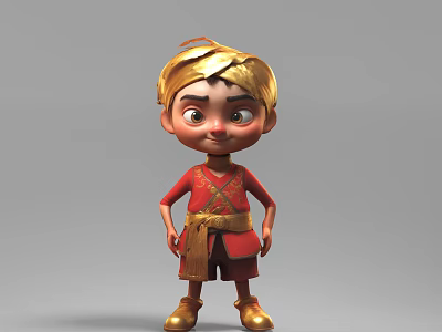 Cartoon Game Movie Character With Golden Hair In Red Traditional Outfit 3d model