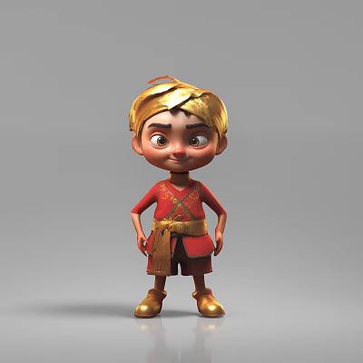 Cartoon Game Movie Character With Golden Hair In Red Traditional Outfit 3d model