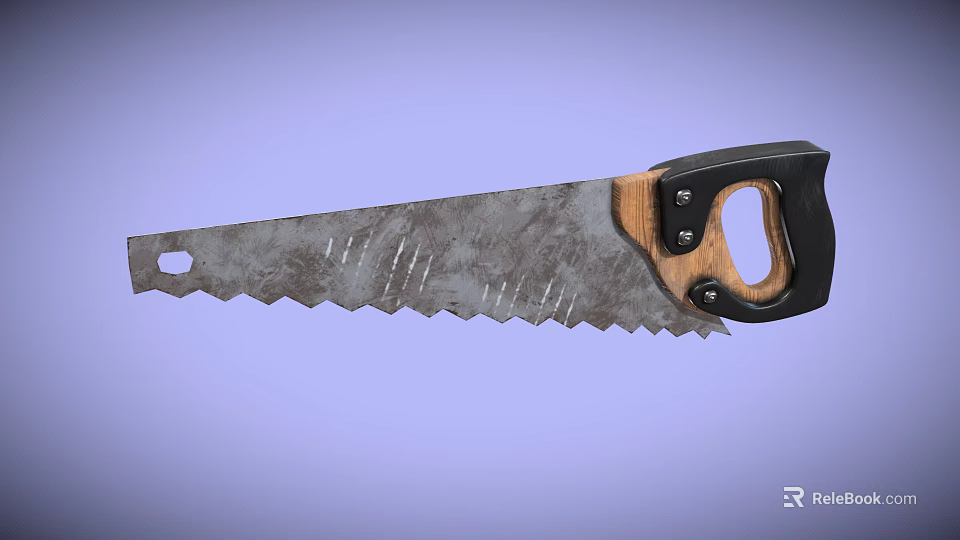 Hand Saw With Metal Serrated Blade And Wooden Black Handle 3d model 