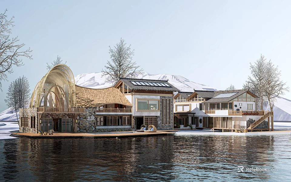 Rural Self Built House With Modern Wooden Structure By Waterfront And Snow Mountain View 3d model 