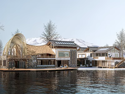 Rural Self Built House With Modern Wooden Structure By Waterfront And Snow Mountain View 3d model