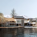 Rural Self Built House With Modern Wooden Structure By Waterfront And Snow Mountain View