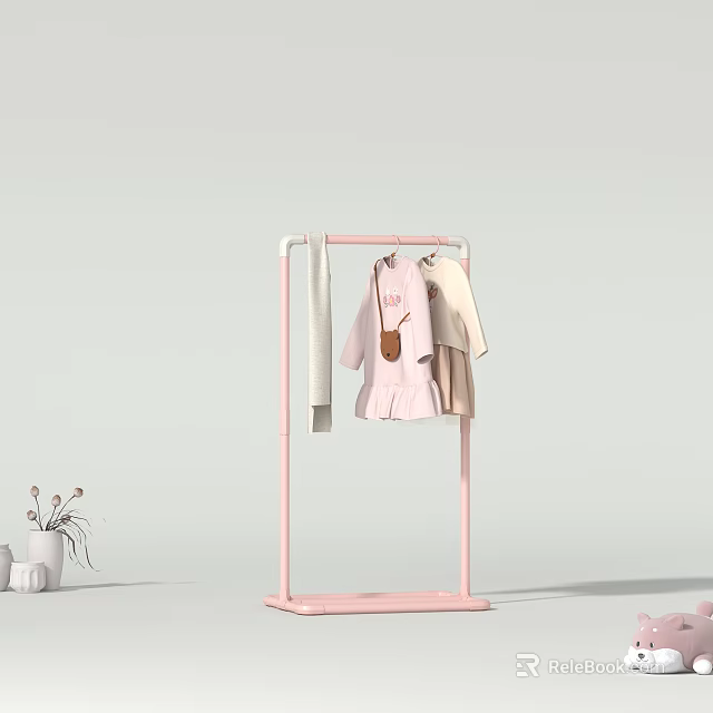 Pink Floor Standing Clothes Rack With Hanging Dress Coat And Handbag 3d model 