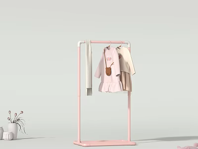 Pink Floor Standing Clothes Rack With Hanging Dress Coat And Handbag 3d model