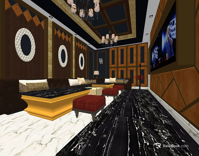 KTV Luxury Interior Design With Comfortable Sofas Large TV And Elegant Decor 3d model