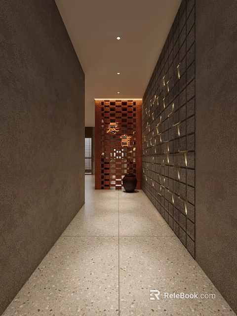 Modern Interior Corridor Design Featuring Perforated Screen Ceramic Jar Lit Wall Panels And Terrazzo Floor 3d model 