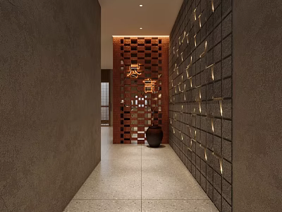 Modern Interior Corridor Design Featuring Perforated Screen Ceramic Jar Lit Wall Panels And Terrazzo Floor 3d model