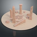 Ancient Stone Columns With Broken Architectural Elements On Circular Sand Platform 3d model