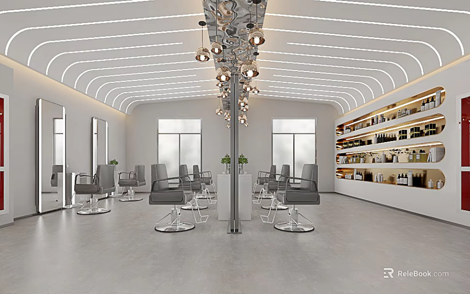 Modern Hair Salon Interior With Stylish Hairdressing Chairs Mirrors Ceiling Lights And Product Shelves 3d model 