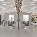 Modern Hair Salon Interior With Stylish Hairdressing Chairs Mirrors Ceiling Lights And Product Shelves